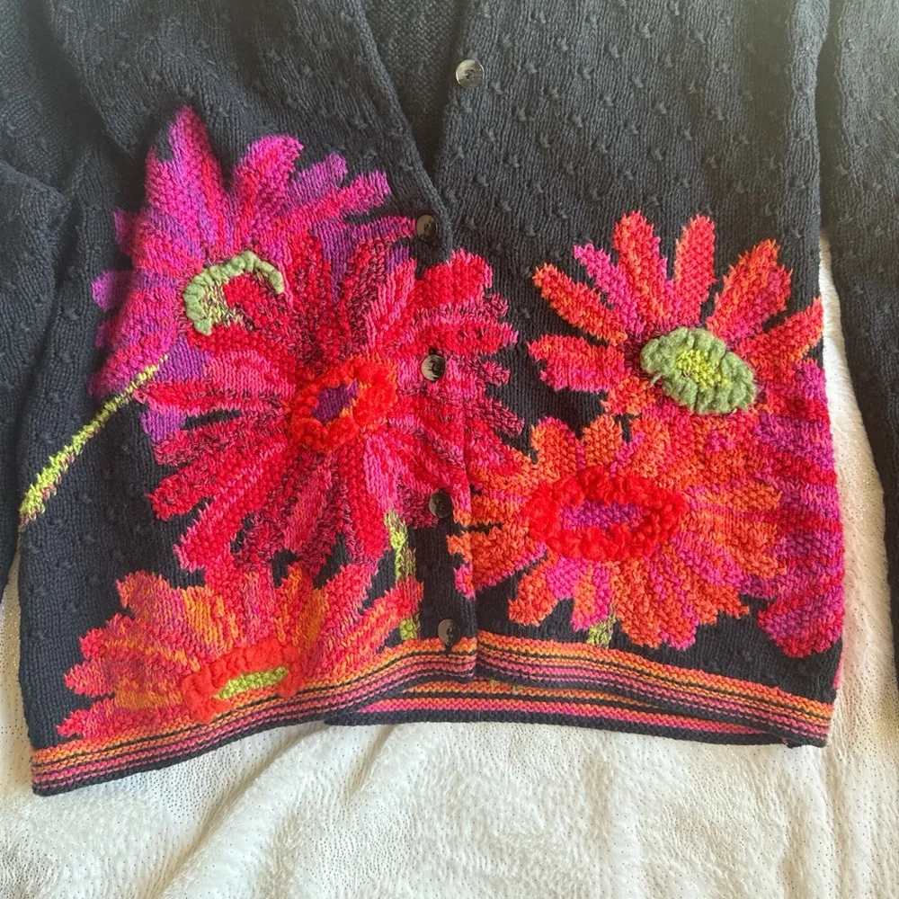 Eileen Fisher Black Cardigan with Pink Floral Design - Picture 2 of 7